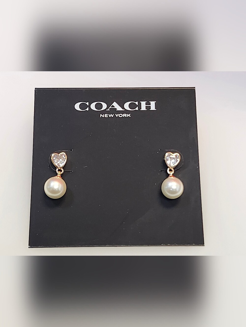 NWT Coach Gold-Tone Faux Stone Heart Imitation Pearl Drop Earrings